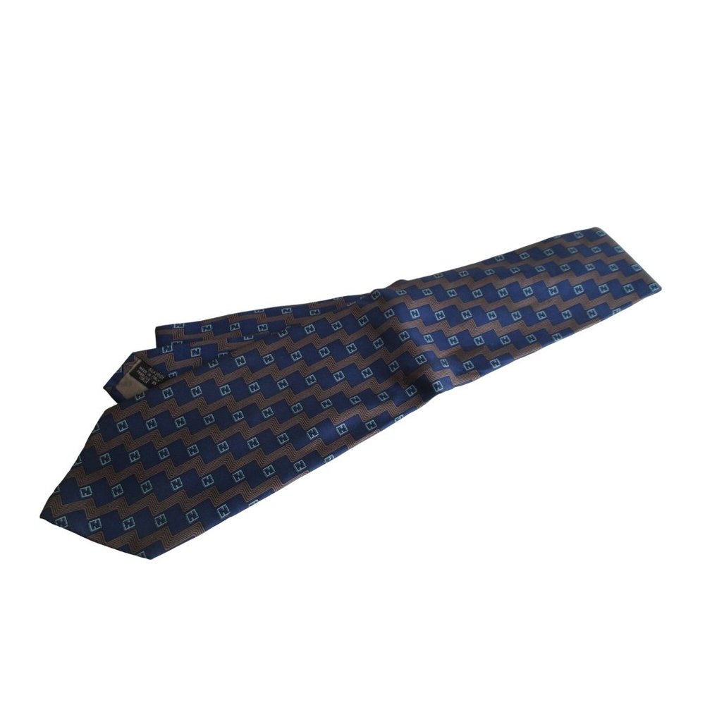 FENDI Navy and Gold Logo 100% Silk Necktie Cravatte - Made in Italy